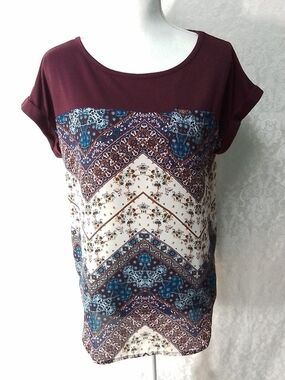 Weavers women's mixed print scoop neck top - burgundy and cream size L